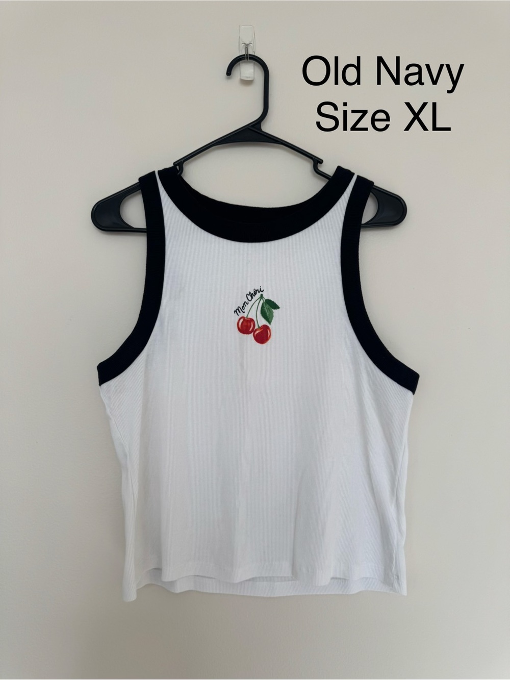 Old Navy White Tank with Black Trim and Cherry Motif